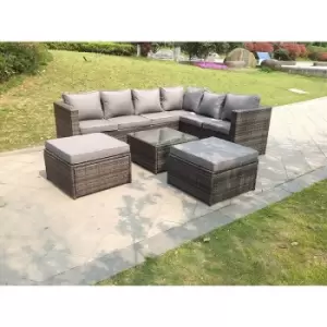 Fimous 6 Seater Outdoor Dark Grey Rattan Lounge Complete Sofa Set with 2 Big Footstools