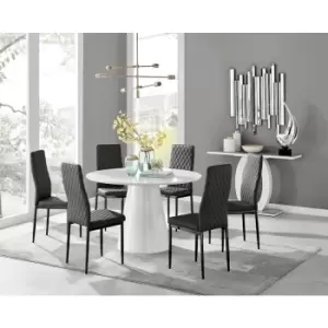 Furniturebox Palma White High Gloss 6 Seat Minimalist Post Modern Round Dining Table & 6 Black Milan Black Leg Faux Leather Chairs