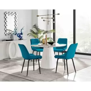 Furniture Box Palma White Marble Effect Round Dining Table and 4 Blue Pesaro Black Leg Chairs