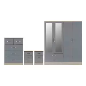 Seconique Nevada 4 Door 2 Drawer Wardrobe Bedroom Set - Grey Gloss/Light Oak Effect Veneer