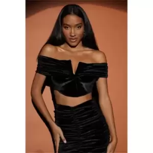 I Saw It First Black Velour Ruched 'V' Bar Bardot Crop Top - Black