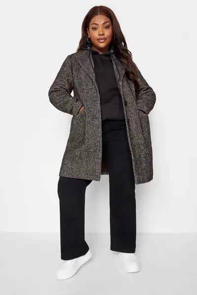 Yours Herringbone Midi Formal Coat Black