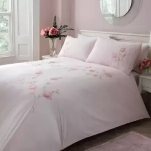 Dreams&drapes - Margot Floral Embroidered 100% Cotton Duvet Cover Set, Pink, Double