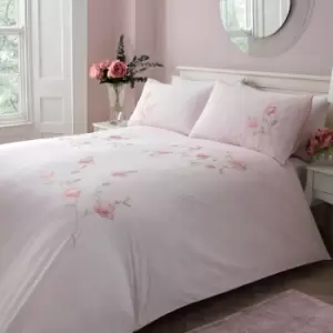 Dreams&drapes - Margot Floral Embroidered 100% Cotton Duvet Cover Set, Pink, Super King