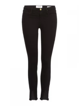 Frame High Rise Split Front Skinny Jeans in Film Noir Black