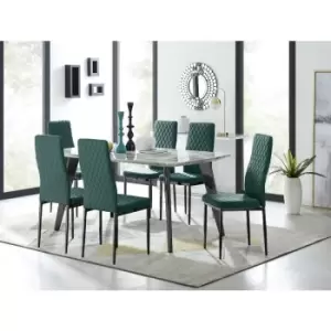 Furniturebox Andria Black Leg Marble Effect Dining Table and 6 Green Velvet Milan Dining Chairs With Black Legs