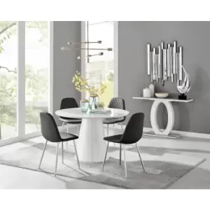 Furniturebox Palma White High Gloss 4 Seat Minimalist Post Modern Round Dining Table & 4 Black Corona Faux Leather Dining Chairs with Silver Legs