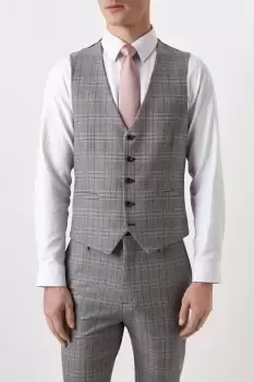 Mens Skinny Fit Grey Blue Pow Check Waistcoat