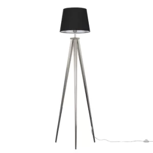 Nero Brushed Chrome Tripod Floor Lamp with Black Aspen Shade