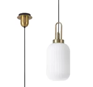 1 Light Pendant E27 With 20cm Tubular Ribbed Glass, Opal Brass Gold, Matt Black