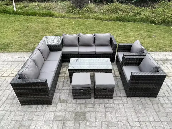 Fimous 8 Seater Outdoor Dark Grey Rattan Lounge Complete Sofa Set with Oblong Coffee Table and 2 Big Footstool