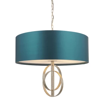 Trento 5 Light Ceiling Pendant Antique Silver Leaf & Teal Satin Fabric