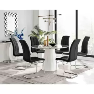 Furniture Box Palma White Marble Effect Round Dining Table and 6 Black Murano Chairs