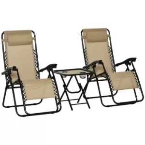 Outsunny 3pc Zero Gravity Chair and Table Set w/ Cup Holders - Beige