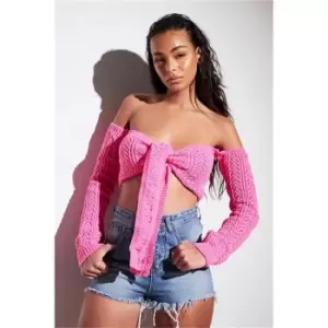 I Saw It First Off The Shoulder Crochet Tie Top - Pink