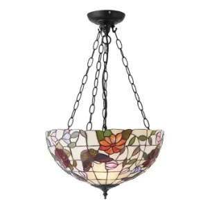 Butterfly 3 Light Medium Ceiling Pendant Bronze, Tiffany Style Glass, E27