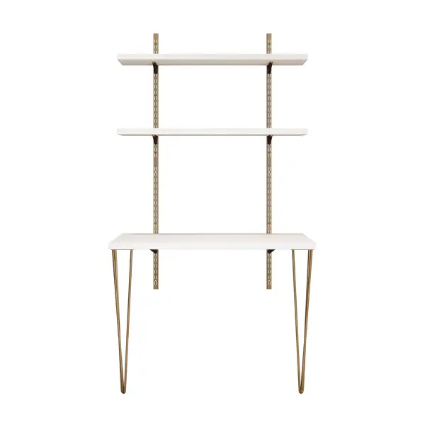 Rothley Home Office Desk Kit with Antique Brass Hairpin Legs, Twinslot Brackets and Uprights - White White