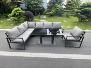 Fimous 8 Seater Outdoor Dark Grey Aluminum Lounge Complete Sofa Set with Black Tempered Glass Dining Table