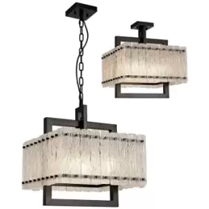 Luminosa Lighting - Large Square Ceiling Pendant, 5 Light E27, Matt Black, Crystal Sand Glass