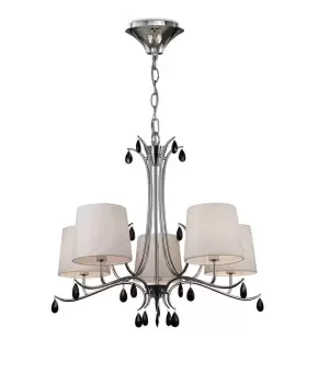 Andrea Ceiling Pendant 81.5cm Round, 5 x E14 (Max 20W), Polished Chrome, White Shades, Black Crystal Droplets