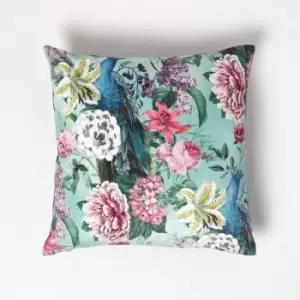 Homescapes - Floral Peacock Pink & Green Filled Velvet Cushion 46 x 46cm - Green