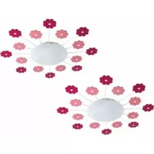 Loops - 2 pack Wall Flush Ceiling Light Colour Pink Shade White Satin Glass E27 1x60W