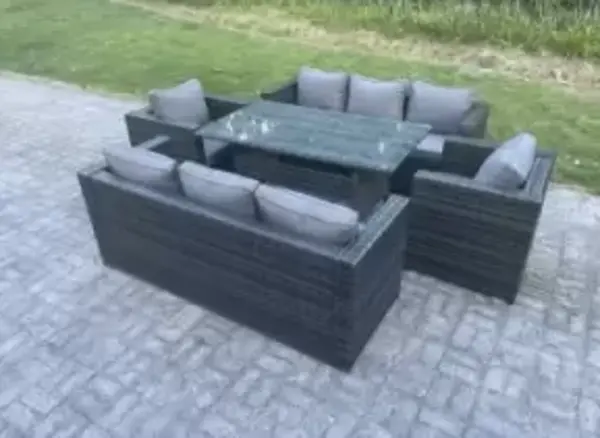 Fimous 8 Seater Outdoor Dark Grey Rattan Lounge Complete Sofa Set with Rectangular Dining Table