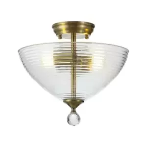 Luminosa Talisa 2 Light Semi Flush Ceiling Lamp E27 With Round 33.5cm Prismatic Effect Glass Shade Antique Brass, Clear