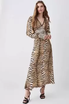 Animal Mixed Print Plunge Neck Woven Midi Dress