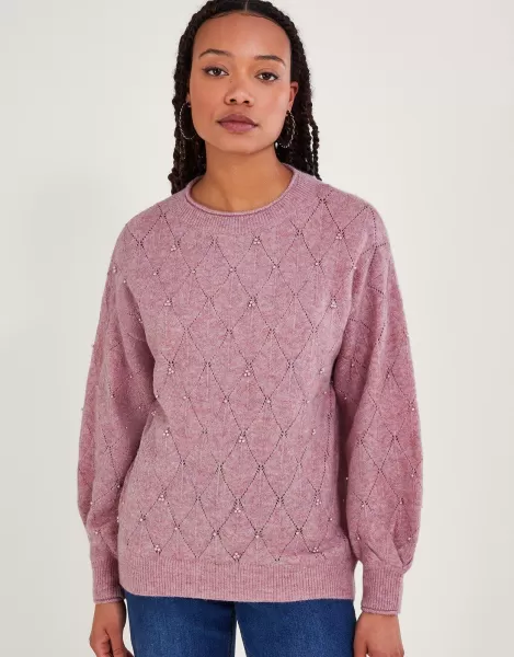 Monsoon Pearl Detail Jumper, Pink, Size L, Women