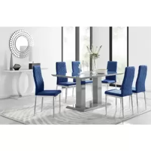 Furniturebox UK - Furniturebox Imperia 6 High Gloss Grey Modern Dining Table and 6 Navy Milan Faux Leather Dining Chairs With Silver Legs Diamond