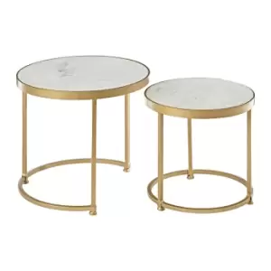 Set of 2 White Marble Nest Tables with Gold Finish