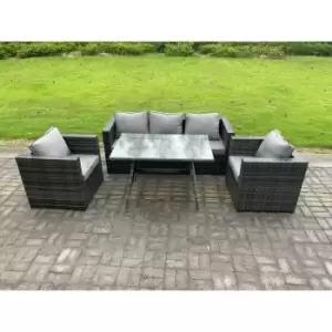 Fimous 5 Seater Outdoor Dark Grey Wicker PE Rattan Garden Dining Set with Lounge Sofa, Oblong Dining Table, and 2 Armchairs