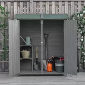 Outsunny Garden Wood Storage Shed w/ Storage Table, Asphalt Roof, Double Door Lockable Sheds & Outdoor Storage Tool Organizer, 139 x 75 x 160cm, Grey