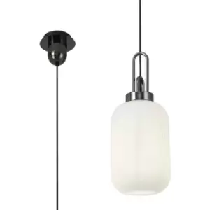 Luminosa 1 Light Pendant E27 With 20cm Tubular Ribbed Glass, Opal Black Chrome, Matt Black