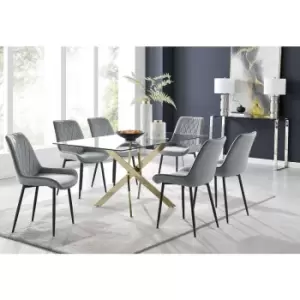 Furniturebox Leonardo 150cm Modern Glass And Gold Metal Dining Leg Table And 6 Elephant Grey Pesaro Velvet Black Leg Dining Chairs