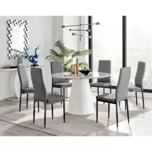 Furniture Box Palma White Marble Effect Round Dining Table and 6 Grey Milan Black Leg Chairs