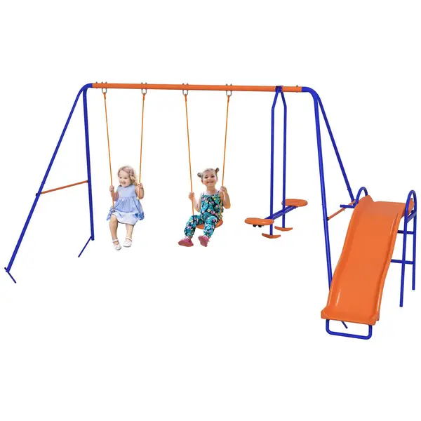 Outsunny 4 in 1 Garden Swing Set with Double Swings, Glider, Slide, Ladder for Outdoor Multi