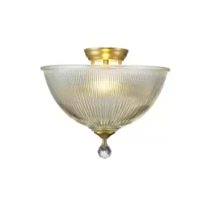 Dresden 2 Light Semi Flush Ceiling Lamp E27 With Dome 38cm Glass Shade Satin Gold, Clear