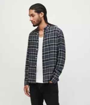 AllSaints Size: L Mens Mettah Check Ramskull Shirt, Grey Tide Blue