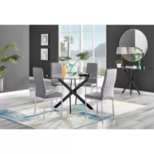 Furniture Box Novara Black Leg 120Cm Round Glass Dining Table and 4 Grey Velvet Milan Chairs