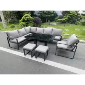 Fimous 7 Seater Outdoor Dark Grey Aluminum Corner Sofa Complete Dining Set with Adjustable Table and 2 Stools