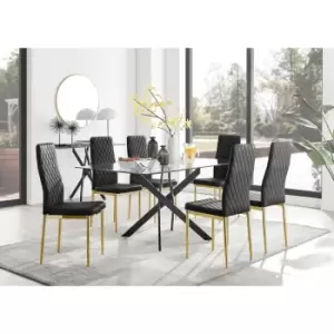 Furniturebox UK - Furniturebox Leonardo 6 Black Leg Glass Dining Table and 6 Black Milan Velvet Dining Chairs With Gold Legs Diamond Stitch Modern