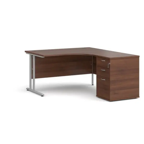 Office Desk Right Hand Corner Desk 1400mm With Pedestal Walnut Top With Silver Frame Maestro 25