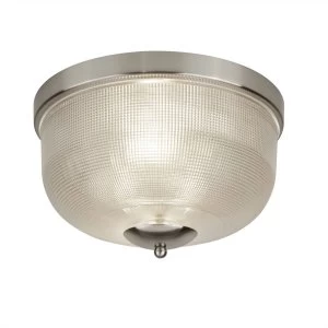 2 Light Flush Ceiling Light Satin Silver, Glass Shade, E27