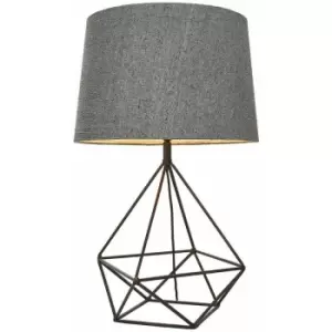 Geometric Frame Table Lamp Aged Copper & Grey Fabric Shade Bedside Feature Light