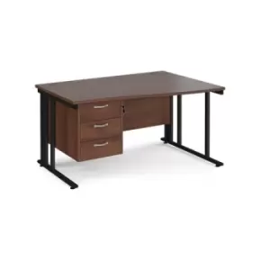 Office Desk Right Hand Wave Desk 1400mm With Pedestal Walnut Top With Black Frame Maestro 25 MCM14WRP3KW