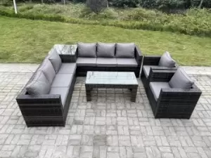 Fimous 8 Seater Outdoor Dark Grey Rattan Lounge Complete Sofa Set with Square Side Table and Rectangular Coffee Table