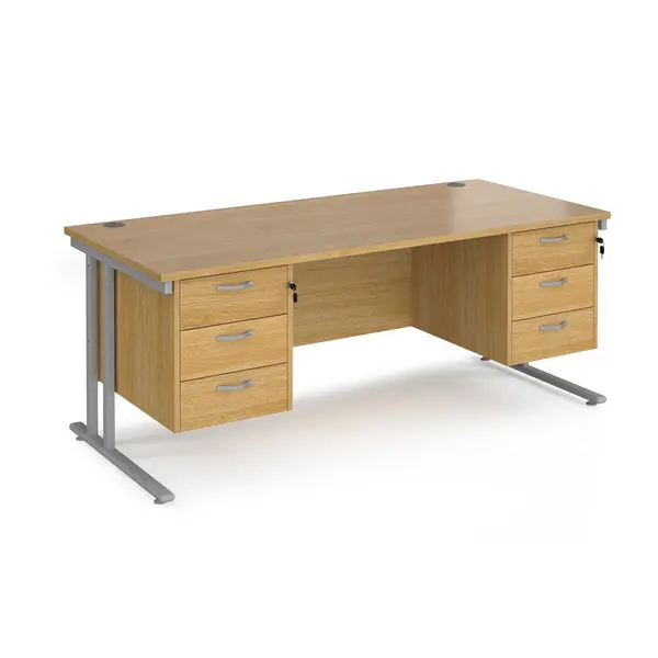 Maestro 25 Oak Straight Office Desk with Two x 3 Drawer Pedestal and Silver Cantilever Leg Frame - 1800mm x 800mm