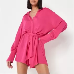 Missguided Cheesecloth Belted Button Front Playsuit - Pink